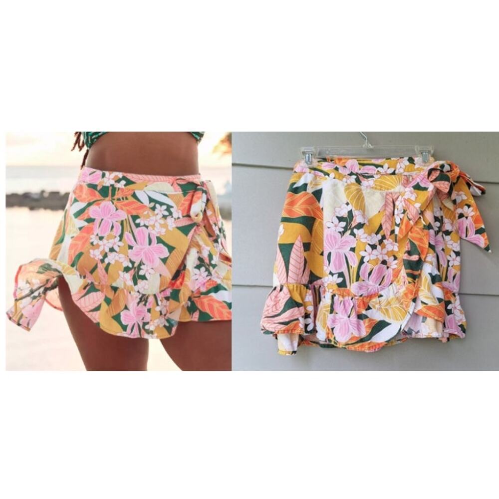 aerie Linen blend Floral Mini Ruffle Wrap Skirt Adjustable Tie Tropical Beach M